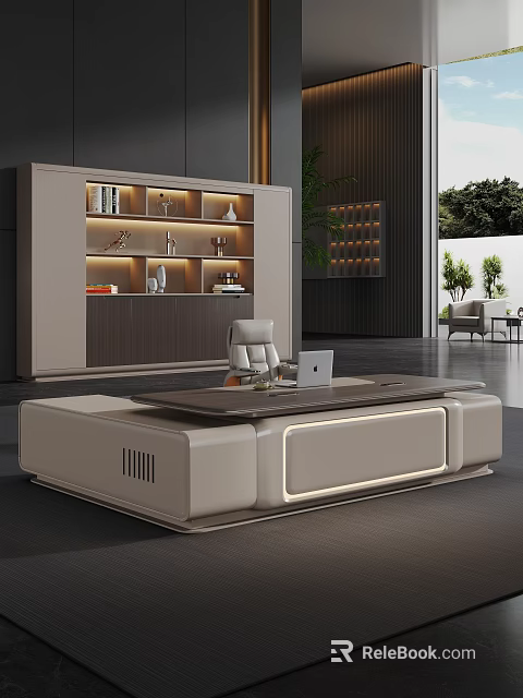 Modern Elegant Office Desk With Drawers Laptop Desk Lamp Bookshelf And Floor to Ceiling Window 3d model 