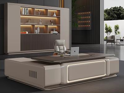Modern Elegant Office Desk With Drawers Laptop Desk Lamp Bookshelf And Floor to Ceiling Window 3d model