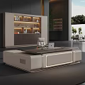 Modern Elegant Office Desk With Drawers Laptop Desk Lamp Bookshelf And Floor to Ceiling Window