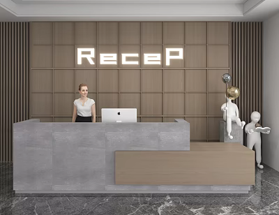 Shop Reception With Gray Desk Wooden Wall Illuminated Recep Letters Female Staff Laptop Marble Floor 3d model