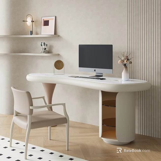Modern White Desk with Computer Monitor Vase Clock and Chair Near Shelves 3d model 