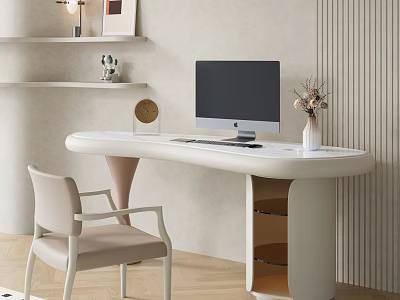 Modern White Desk with Computer Monitor Vase Clock and Chair Near Shelves 3d model