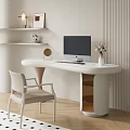 Modern White Desk with Computer Monitor Vase Clock and Chair Near Shelves