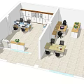 Public Office Space With Multiple Work Desks Computers Office Chairs And Potted Plants 3d model