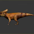 Orange Dinosaur Character With Red Stripes And Large Cranial Crest Standing On Black Background
