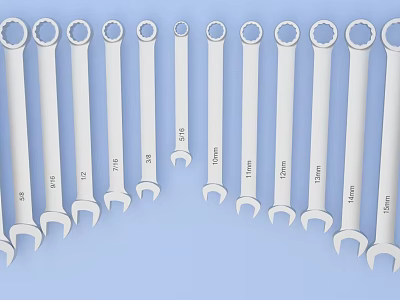 Professional Open End Wrenches Hand Tools with Various Sizes Arranged on Blue Background 3d model