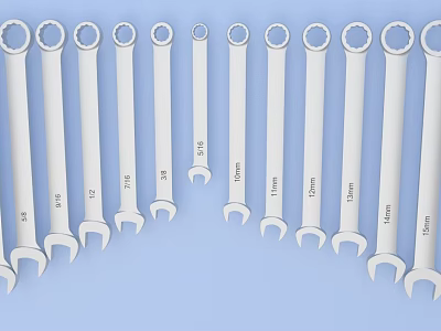 Professional Open End Wrenches Hand Tools with Various Sizes Arranged on Blue Background 3d model