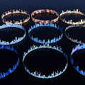 Innovative Garden Landscape With Circular Structures Blue White Buildings And Water Bodies