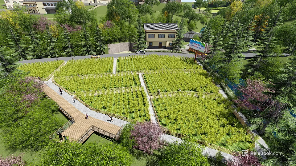 Scenic Green Plantation Area With Pathways Pedestrians Surrounding Trees And Buildings 3d model 