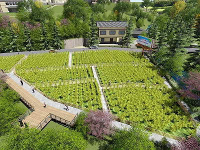 Scenic Green Plantation Area With Pathways Pedestrians Surrounding Trees And Buildings 3d model