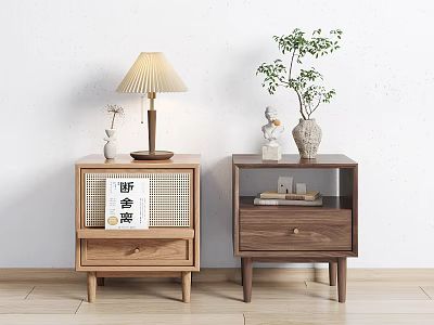 Wooden Bedside Tables With Light And Dark Wood Featuring Table Lamp Potted Plant And Decor 3d model