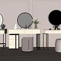 Elegant White Dressing Table With Round Gold Frame Mirrors Drawers Stools And Cosmetics 3d model