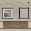 Hanging Wall Art With Square Landscape Boat Paintings And Long Scroll Scene With Red Seals