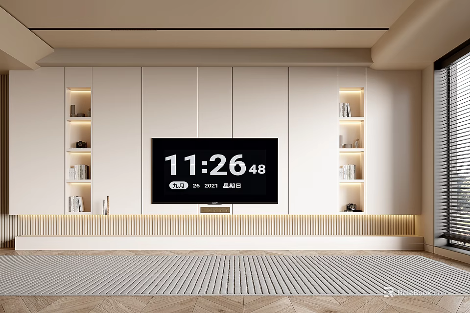 Modern Light Colored TV Stand With Side Shelves And LED Lighting In Living Room 3d model 