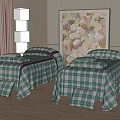 Two Plaid Massage Beds With Pillows In Cozy Room With Decorative Painting And Floor Lamp