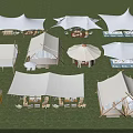 Garden Landscape With Multiple White Tents On Green Lawn And Outdoor Seating Setup