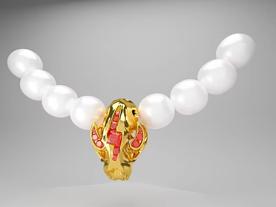 Elegant Pearl Necklace With Central Gold Pendant And Red Gemstone Accents 3d model