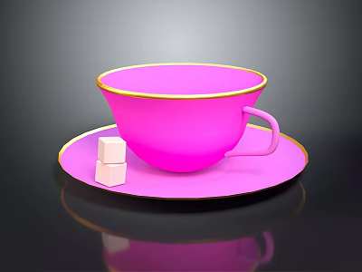 Pink Teacup with Gold Rim on Matching Saucer and Sugar Cubes 3d model