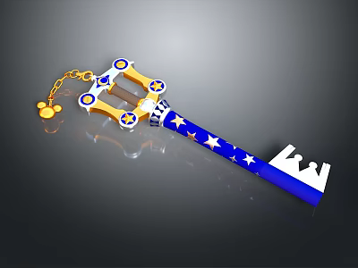 Decorative Blue White Key With Yellow Accents Stars Mountain Shape And Golden Keychain 3d model