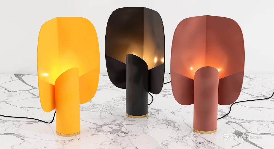 Yellow Black Brown Modern Table Lamps With Cylindrical Base Fan Shaped Shade Warm Light 3d model 