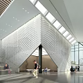 Modern Front Desk Reception in Elegant Lobby with Geometric Wall Glass Windows and Staircase