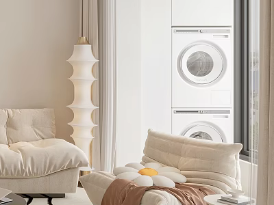 Beige Upholstered Accent Chair In Cozy Room With White Washer Dryer Sofa And Floor Lamp 3d model