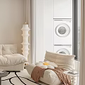 Beige Upholstered Accent Chair In Cozy Room With White Washer Dryer Sofa And Floor Lamp