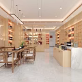 Specialty Store Interior With Wooden Walls Shelves Displayed Products Table Chairs Marble Counter Hanging Lights