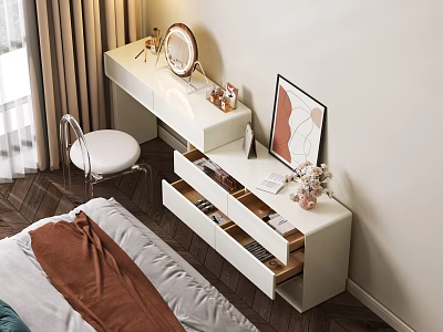 White Dressing Table With Open Drawers Round Mirror White Chair And Framed Art In Bedroom 3d model