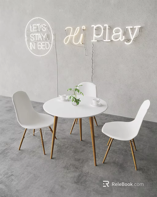 Modern Round White Dining Table with Three White Chairs and Wooden Legs 3d model 
