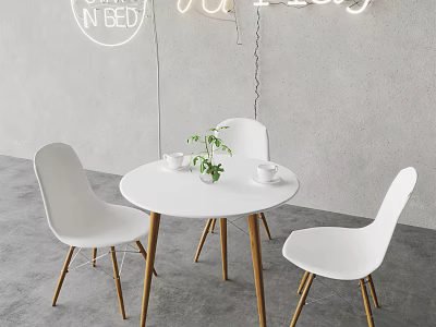 Modern Round White Dining Table with Three White Chairs and Wooden Legs 3d model