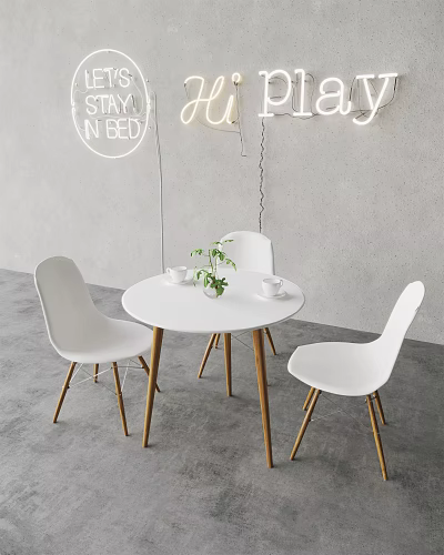 Modern Round White Dining Table with Three White Chairs and Wooden Legs 3d model