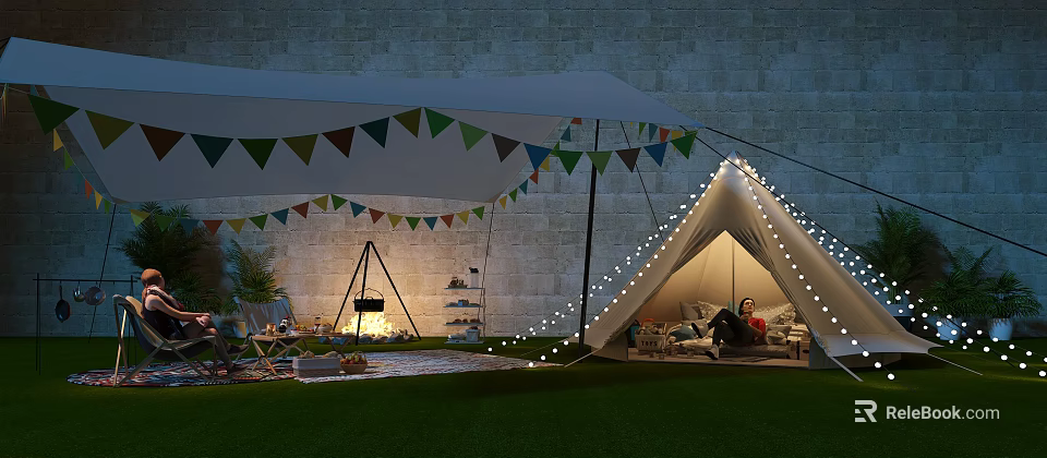 Cozy Outdoor Tent With Colorful Bunting Flags String Lights Bonfire Stone Wall And People Inside 3d model 