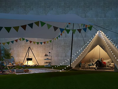 Cozy Outdoor Tent With Colorful Bunting Flags String Lights Bonfire Stone Wall And People Inside 3d model