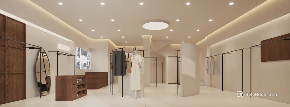 Modern Minimalist Clothing Store Interior Design With Mannequins Clothing Racks And Wooden Counter 3d model 