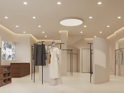 Modern Minimalist Clothing Store Interior Design With Mannequins Clothing Racks And Wooden Counter 3d model