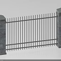 Building Exterior Wall Featuring Black Metal Fence Gray Stone Pillars And White Top Accents