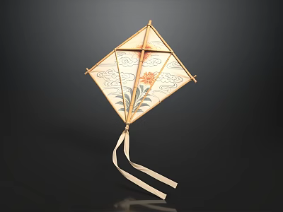 Traditional Diamond Shaped Kite With Floral And Cloud Patterns And Ribbon Tail 3d model