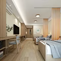 Modern Medical Ward Interior Design With Wooden Beds Desk Green Plant Paintings TV And Window