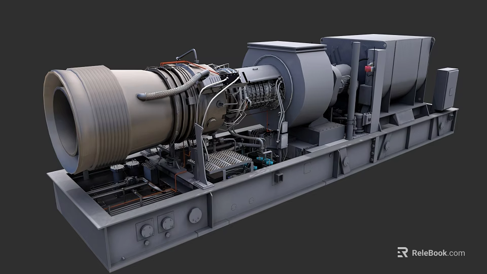 Industrial Equipment Large Turbine With Metal Structure And Pipes On Base 3d model 