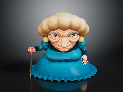 Game And Movie Elderly Woman Animated Character With Blonde Curly Hair Blue Dress And Cane 3d model