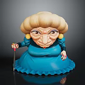 Game And Movie Elderly Woman Animated Character With Blonde Curly Hair Blue Dress And Cane