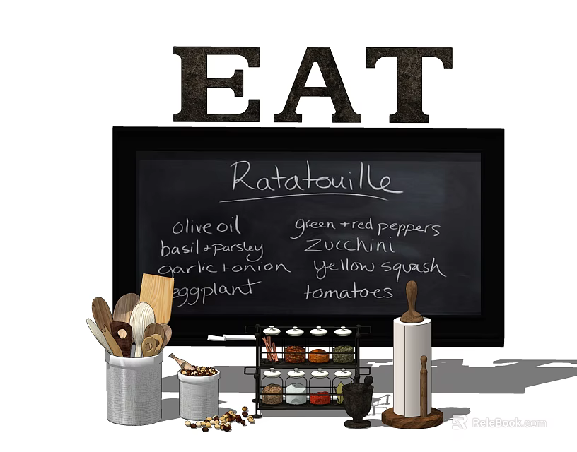 Stylish Cooking Utensils With Ratatouille Ingredients Chalkboard EAT Sign And Spice Rack 3d model 