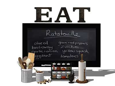 Stylish Cooking Utensils With Ratatouille Ingredients Chalkboard EAT Sign And Spice Rack 3d model