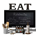 Stylish Cooking Utensils With Ratatouille Ingredients Chalkboard EAT Sign And Spice Rack