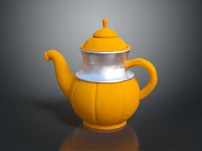 Yellow Pumpkin Shaped Teapot With Silver Top And Handle For Home Kitchen Use 3d model