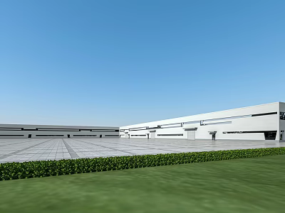 Modern Industrial Factory Exterior With Spacious Square Green Lawn And White Architecture 3d model