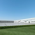 Modern Industrial Factory Exterior With Spacious Square Green Lawn And White Architecture