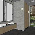 Modern Public Restroom With Double Sinks Wooden Cabinets Large Mirrors Gray Walls And Natural Light