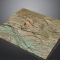 3D Geographical Terrain Model With Colored Mountain Ranges And Rivers